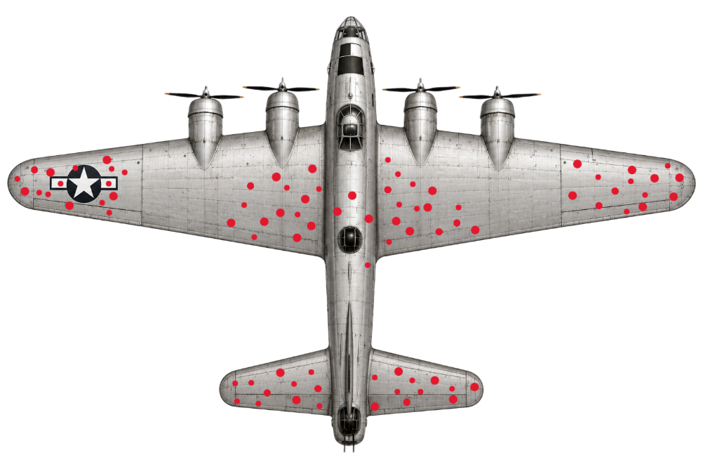 Diagram of a plane with red dots showing bullet damage on returning aircraft